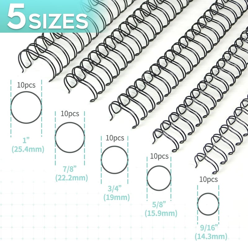 RAYSON Double Loop Binding Wires, Mixed Sizes (9/16", 5/8", 3/4", 7/8", 1") 2:1 Pitch Wire Binding Spines, 21-Loop Black, Pack of 50 - Image 3